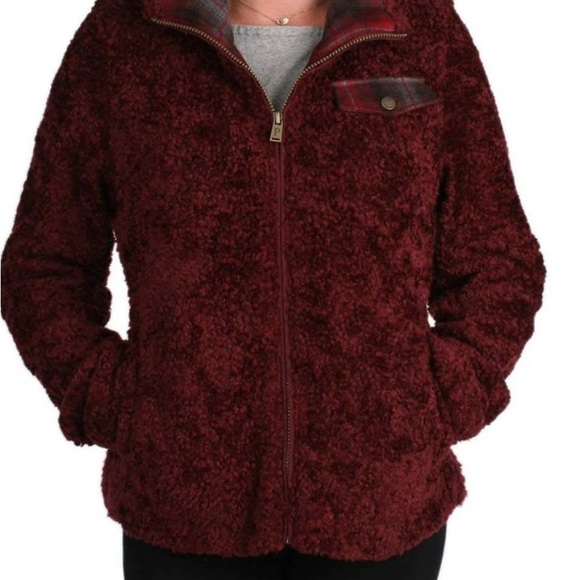 Women Pendleton Sherpa teddy fleece full zip sweater jacket size large maroon 15 - Picture 2 of 6